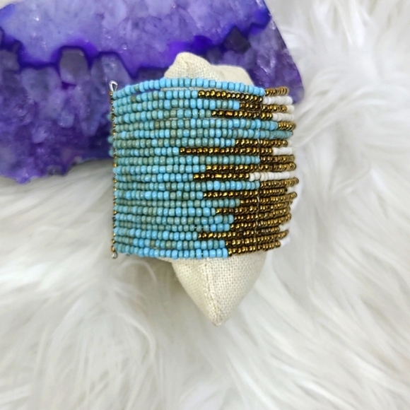 Beaded Cuff Bracelet Southwest Inspired Seed Beads Turquoise Bronze White Unique - Picture 3 of 5